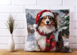 Warren Reed - Designer Snowy Christmas Shetland Sheepdog Cushion in Brown - Size: 45 cm x 45 cm - thumbnail 2