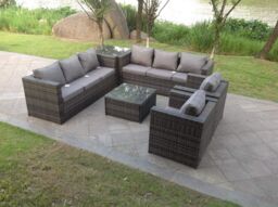 Fimous 8 Seater Grey Rattan Sofa Set Coffee Table Arm Chair Outdoor Garden Furniture in Dark Grey - thumbnail 1