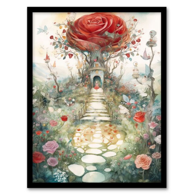 Artery8 Wall Art Print Alice In Wonderland Painting Red Roses Queen Hearts Whimsical Magical Adventure Painting Art Framed - Size: A4 - image 1