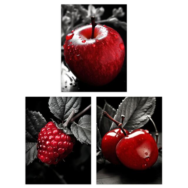 Artery8 Set of 3 Red Apple Raspberry Cherry on Black & White Photograph Kitchen Artwork Unframed Wall Art Living Room Poster Prints Pack - image 1