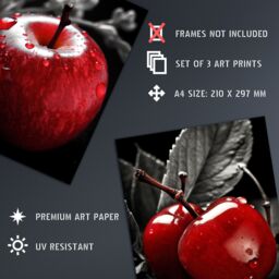 Artery8 Set of 3 Red Apple Raspberry Cherry on Black & White Photograph Kitchen Artwork Unframed Wall Art Living Room Poster Prints Pack - thumbnail 4