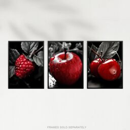 Artery8 Set of 3 Red Apple Raspberry Cherry on Black & White Photograph Kitchen Artwork Unframed Wall Art Living Room Poster Prints Pack - thumbnail 5