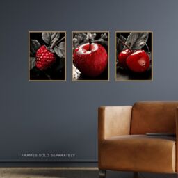 Artery8 Set of 3 Red Apple Raspberry Cherry on Black & White Photograph Kitchen Artwork Unframed Wall Art Living Room Poster Prints Pack - thumbnail 2