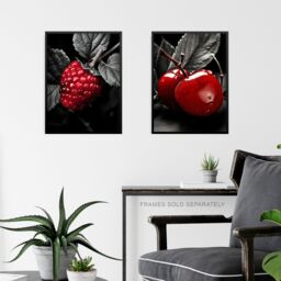 Artery8 Set of 3 Red Apple Raspberry Cherry on Black & White Photograph Kitchen Artwork Unframed Wall Art Living Room Poster Prints Pack - thumbnail 6