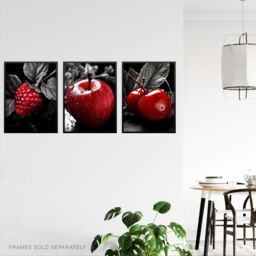 Artery8 Set of 3 Red Apple Raspberry Cherry on Black & White Photograph Kitchen Artwork Unframed Wall Art Living Room Poster Prints Pack - thumbnail 3