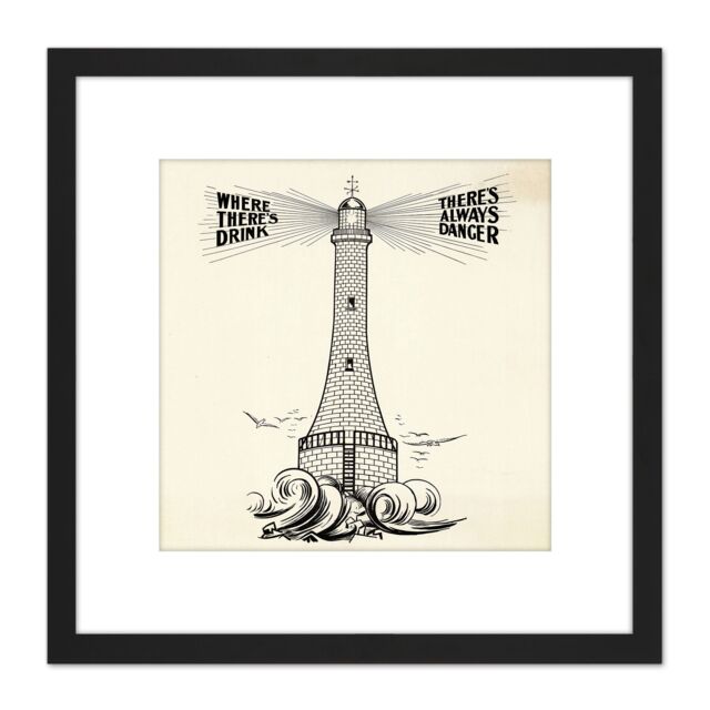 Artery8 Temperance Movement Alcohol Warning Lighthouse Ad 8X8 Inch Square Wooden Framed Wall Art Print Picture with Mount in Black - image 1