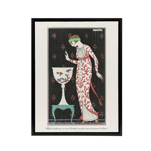 "Artery8 Coral Evening Dress Fashion Advert Barbier Black Framed Canvas Art in White - Size: W12"" x H16""" - image 1