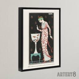 "Artery8 Coral Evening Dress Fashion Advert Barbier Black Framed Canvas Art in White - Size: W12"" x H16""" - thumbnail 2