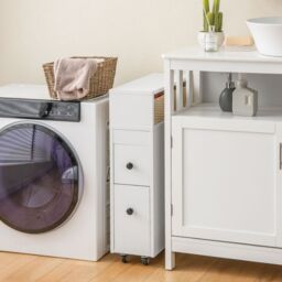 Costway Slim Bathroom Storage Cabinet Narrow Rolling Storage Organizer w/ 2 Drawers in White - thumbnail 3