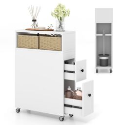 Costway Slim Bathroom Storage Cabinet Narrow Rolling Storage Organizer w/ 2 Drawers in White - thumbnail 4