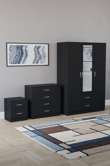 Home Discount Vida Designs 3Pc Bedroom Set 2Bedside, 4 Drawer Chest, Mirror Wardrobe in Black - image 1