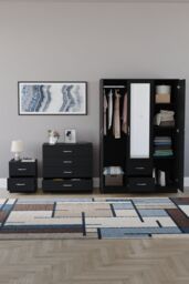 Home Discount Vida Designs 3Pc Bedroom Set 2Bedside, 4 Drawer Chest, Mirror Wardrobe in Black - thumbnail 3