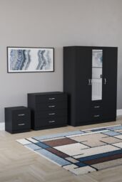 Home Discount Vida Designs 3Pc Bedroom Set 2Bedside, 4 Drawer Chest, Mirror Wardrobe in Black