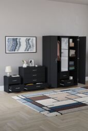 Home Discount Vida Designs 3Pc Bedroom Set 2Bedside, 4 Drawer Chest, Mirror Wardrobe in Black - thumbnail 2