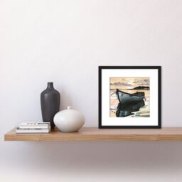 Artery8 Sunset Fishing Rowboat Peaceful Lake Evening Painting Square Wooden Framed Wall Art Print Picture 8X8 Inch in Black - thumbnail 2