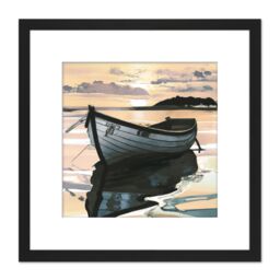 Artery8 Sunset Fishing Rowboat Peaceful Lake Evening Painting Square Wooden Framed Wall Art Print Picture 8X8 Inch in Black - thumbnail 1