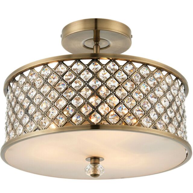 Loops Flush Ceiling Mounted Light Antique Brass & Crystal Lamp Bulb Holder Round Shade in Metallics - image 1