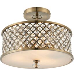 Loops Flush Ceiling Mounted Light Antique Brass & Crystal Lamp Bulb Holder Round Shade in Metallics - thumbnail 1