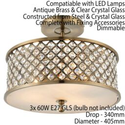 Loops Flush Ceiling Mounted Light Antique Brass & Crystal Lamp Bulb Holder Round Shade in Metallics - thumbnail 2