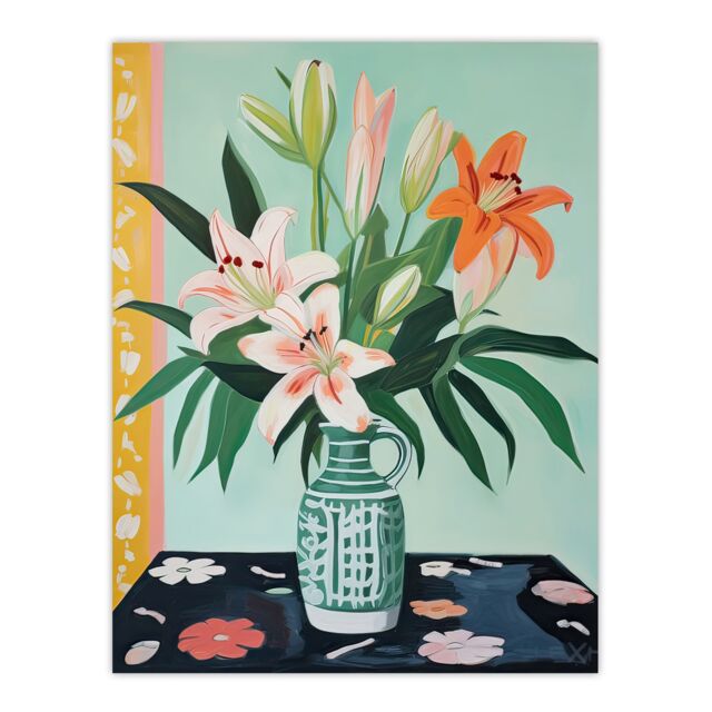 "Artery8 Wall Art Print Pink Lilies in a Green Vase Colourful Oil Painting Springtime Flowers Floral Still Life Poster in Blue - Size: W12"" x H16""" - image 1