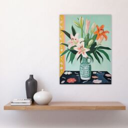 "Artery8 Wall Art Print Pink Lilies in a Green Vase Colourful Oil Painting Springtime Flowers Floral Still Life Poster in Blue - Size: W12"" x H16""" - thumbnail 4