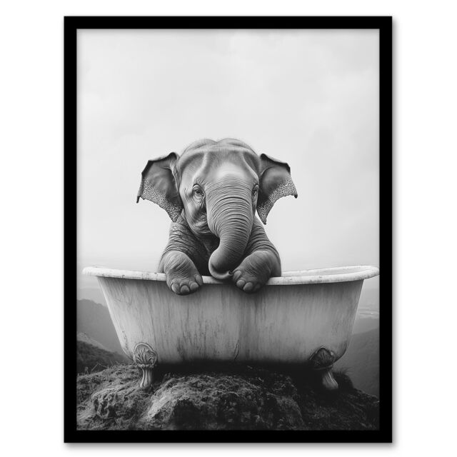 "Artery8 Cute Baby Elephant In Bathtub Black White Surreal Framed Art Print in Grey - Size: W12"" x H16""" - image 1