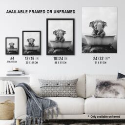 "Artery8 Cute Baby Elephant In Bathtub Black White Surreal Framed Art Print in Grey - Size: W12"" x H16""" - thumbnail 3