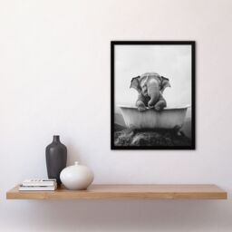 "Artery8 Cute Baby Elephant In Bathtub Black White Surreal Framed Art Print in Grey - Size: W12"" x H16""" - thumbnail 4