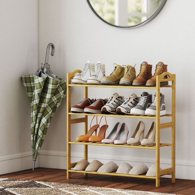 HOMCOM 4-Tier Shoe Rack, Bamboo Shoe Shelf Stand, Natural Wood Finish - image 1