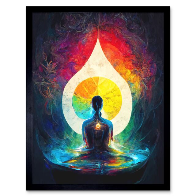 "Artery8 Wall Art Print 7 Chakra Meditation Energy Rainbow Relaxation Art Framed in Black - Size: W12"" x H16""" - image 1