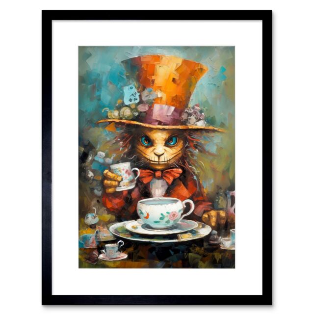 "Artery8 Wall Art Print Mad Hatter Animal Tea Party Fantasy Portrait Artwork Framed 9X7 Inch in Black - Size: W7"" x H9""" - image 1