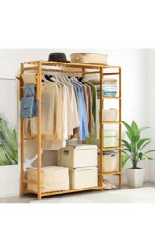 H&O Direct Wooden Clothes Rack with Side Hooks in Brown - thumbnail 1