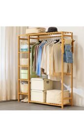 H&O Direct Wooden Clothes Rack with Side Hooks in Brown - thumbnail 2