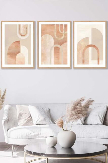 ARTZE Set of 3 Oak Framed Mid Century Terracotta & Beige Arches Wall Art - Size: W53 cm x H73 cm x D20mm - image 1