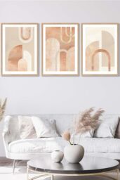 ARTZE Set of 3 Oak Framed Mid Century Terracotta & Beige Arches Wall Art - Size: W53 cm x H73 cm x D20mm