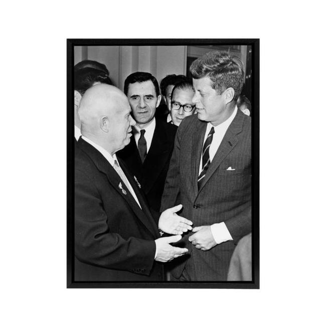 "Artery8 John F Kennedy Nikita Khrushchev Framed Canvas Wall Art Print in Grey - Size: W12"" x H16""" - image 1