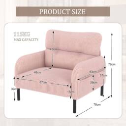 Direct Wicker Single Corduroy Armchair, Wide Seat Lounge Chair, Accent Furniture in Pink - Size: 1 Pack - thumbnail 2