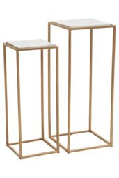 Orsina Nest of 2 Natural Marble Top Side Tables, Square End Tables for Home, Gold Finish Open Frame Bedside Tables in White - thumbnail 3
