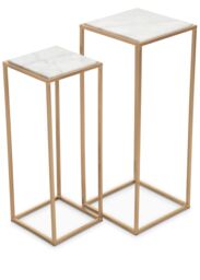 Nest of 2 Natural Marble Top Side Tables, Square End Tables for Home, Gold Finish Open Frame Bedside Tables