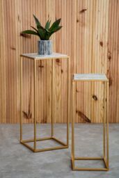 Orsina Nest of 2 Natural Marble Top Side Tables, Square End Tables for Home, Gold Finish Open Frame Bedside Tables in White - thumbnail 2