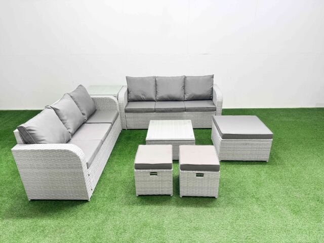Fimous Outdoor Garden Furniture Sets 9 Seater Wicker Rattan Furniture Sofa Sets w/ Square Coffee Table high Back Lounge Sofa 3 Stools Side Table - image 1