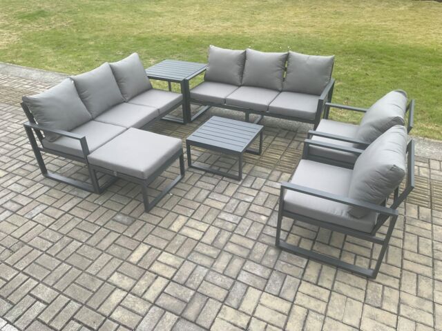 Fimous Aluminium Patio Outdoor Garden Furniture Lounge Sofa Set with Square Coffee Table 2 Chairs Big Footstool Side Table Dark Grey - image 1