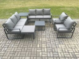 Fimous Aluminium Patio Outdoor Garden Furniture Lounge Sofa Set with Square Coffee Table 2 Chairs Big Footstool Side Table Dark Grey - thumbnail 2