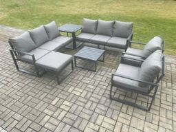 Fimous Aluminium Patio Outdoor Garden Furniture Lounge Sofa Set with Square Coffee Table 2 Chairs Big Footstool Side Table Dark Grey - thumbnail 1