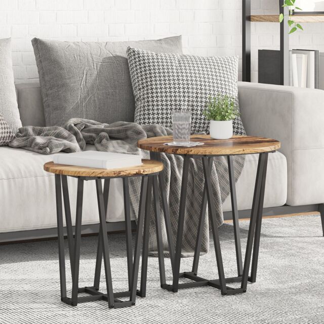 Berkfield Home Side Table Set - 2 Pieces, Rustic Wood Look, Metal Base in Brown - image 1