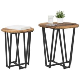 Berkfield Home Side Table Set - 2 Pieces, Rustic Wood Look, Metal Base in Brown - thumbnail 3