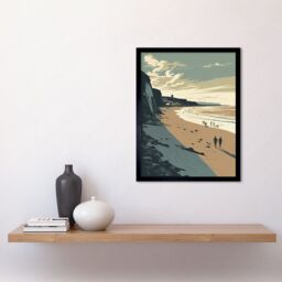 "Artery8 Wall Art Print People Walking on Filey Beach Coastal Art Framed in Black - Size: W12"" x H16""" - thumbnail 2