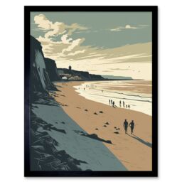 "Artery8 Wall Art Print People Walking on Filey Beach Coastal Art Framed in Black - Size: W12"" x H16""" - thumbnail 1