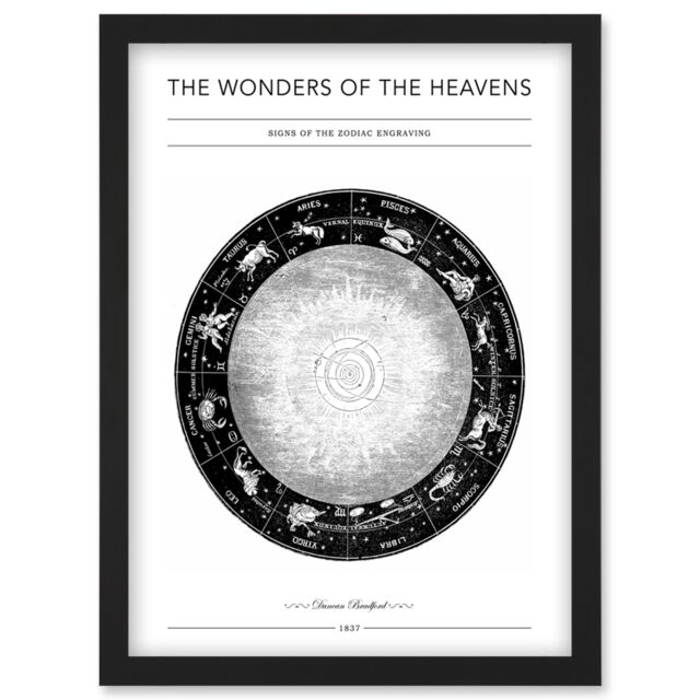 Artery8 Wonders of the Heavens Duncan Bradford Signs of the Zodiac Engraving Antique Telescopic Classic Illustration Artwork Framed Wall Art Print A4 - image 1
