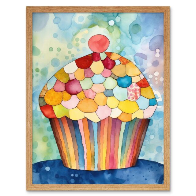 "Artery8 Wall Art Print Rainbow Pattern Cupcake Folk Art Watercolour Painting Art Framed in Light Oak - Size: W12"" x H16""" - image 1
